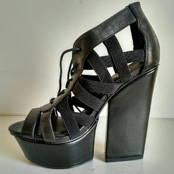 SOLD - New Anthro SHELLYS LONDON Laufer Goth Leather sexy platform strappy heels - Picture 2 of 8